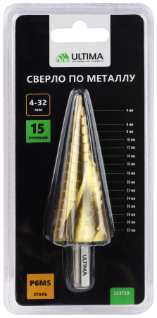 Сверло по металлу ступенчатое, Ultima, 4-32 мм, 15 ступеней, сталь P6M5