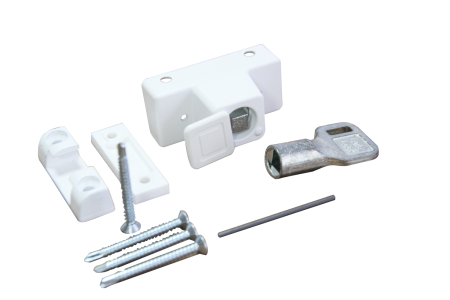 Замок блокировочный для пластиковых окон, с ключом (1ключ), белый (1кор-100 шт)