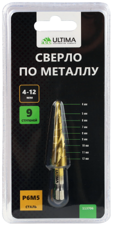 Сверло по металлу ступенчатое, Ultima, 4-12 мм, 9 ступеней, сталь P6M5